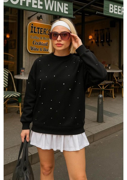 Bisiklet Yaka Taşlı Siyah Kadın Sweatshirt 25K0099K1