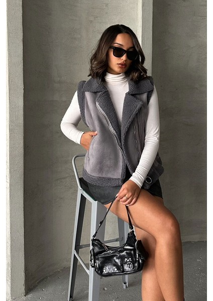 Gri Süet Yakası Kürklü Premium Luxury Trend Özel Tasarım Kadın Yelek