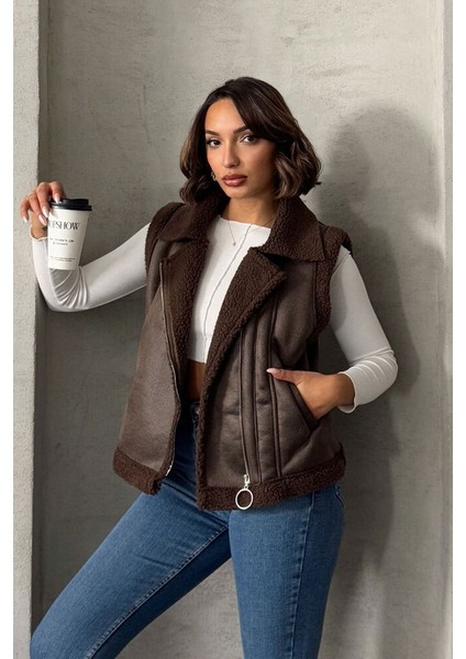Kahverengi Süet Yakası Kürklü Premium Luxury Trend Özel Tasarım Kadın Yelek