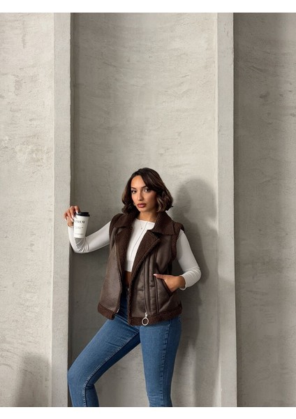 Kahverengi Süet Yakası Kürklü Premium Luxury Trend Özel Tasarım Kadın Yelek modelleri