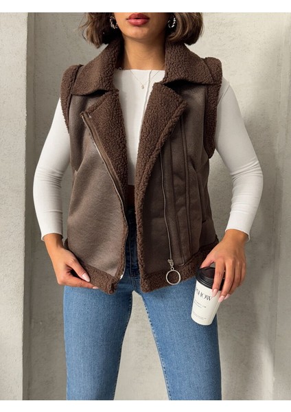 Kahverengi Süet Yakası Kürklü Premium Luxury Trend Özel Tasarım Kadın Yelek fırsatları