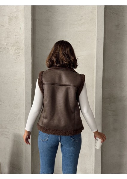 Kahverengi Süet Yakası Kürklü Premium Luxury Trend Özel Tasarım Kadın Yelek indirimleri