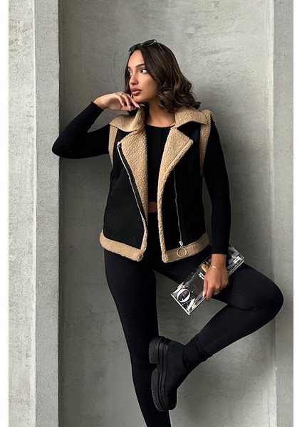 Siyah-Sütlü Kahve Süet Yakası Kürklü Premium Luxury Trend Özel Tasarım Kadın Yelek