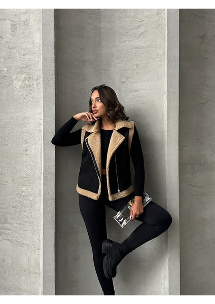 Siyah-Sütlü Kahve Süet Yakası Kürklü Premium Luxury Trend Özel Tasarım Kadın Yelek fiyatları