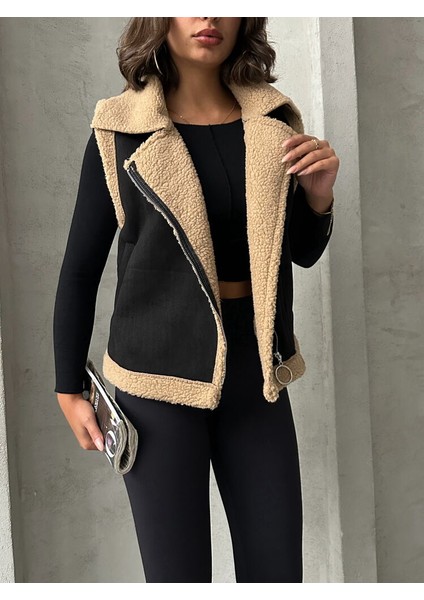 Siyah-Sütlü Kahve Süet Yakası Kürklü Premium Luxury Trend Özel Tasarım Kadın Yelek fırsatları