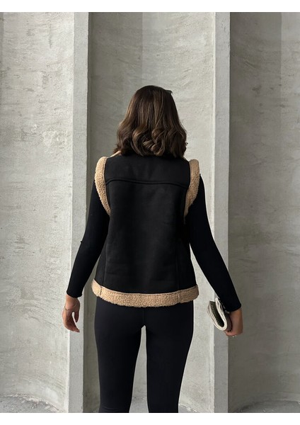 Siyah-Sütlü Kahve Süet Yakası Kürklü Premium Luxury Trend Özel Tasarım Kadın Yelek indirimleri