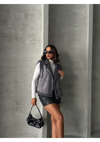Gri Süet Yakası Kürklü Premium Luxury Trend Özel Tasarım Kadın Yelek fiyatları