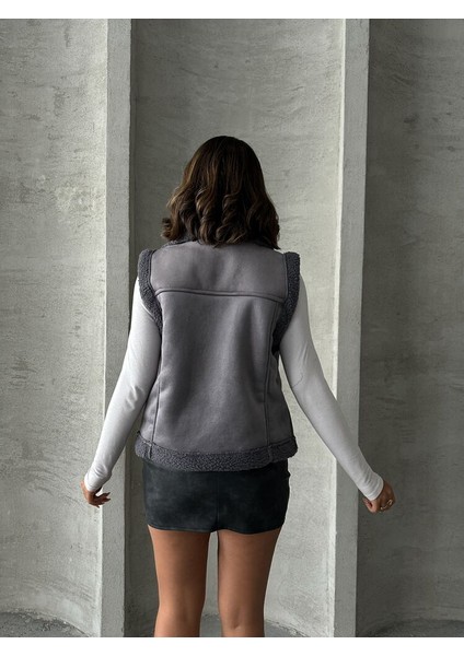 Gri Süet Yakası Kürklü Premium Luxury Trend Özel Tasarım Kadın Yelek indirimleri