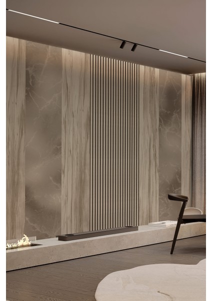 Ahşap ve Mermer Çıtalı Modern Panel Tek Parça Tekstil Duvar Kağıdı