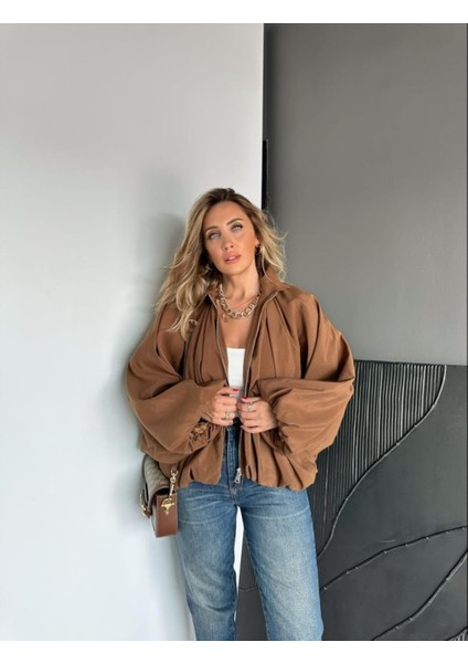 Egzotik Kadın Beli & Manşeti Büzgü Detaylı Mat Saten Kumaş Premiım Bomber Mont
