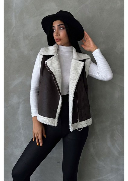 Antrasit-Krem Süet Yakası Kürklü Premium Luxury Trend Özel Tasarım Kadın Yelek