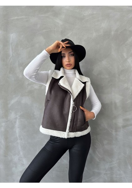 Antrasit-Krem Süet Yakası Kürklü Premium Luxury Trend Özel Tasarım Kadın Yelek fiyatları
