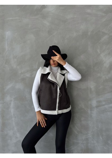 Antrasit-Krem Süet Yakası Kürklü Premium Luxury Trend Özel Tasarım Kadın Yelek modelleri