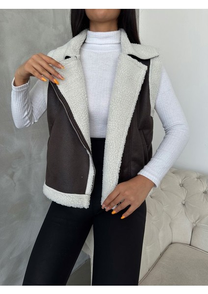 Antrasit-Krem Süet Yakası Kürklü Premium Luxury Trend Özel Tasarım Kadın Yelek fırsatları