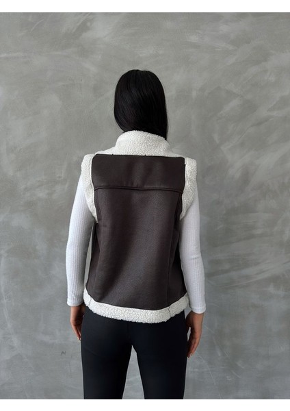 Antrasit-Krem Süet Yakası Kürklü Premium Luxury Trend Özel Tasarım Kadın Yelek indirimleri