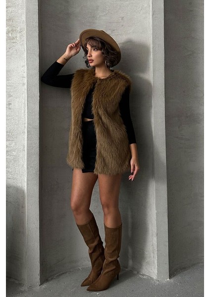 Kahve Tüylü Uzun Kürk Şık Premium Luxury Trend Özel Tasarım Kadın Yelek