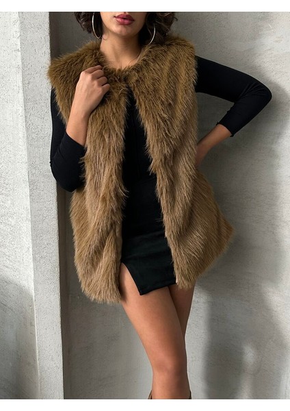 Kahve Tüylü Uzun Kürk Şık Premium Luxury Trend Özel Tasarım Kadın Yelek fırsatları