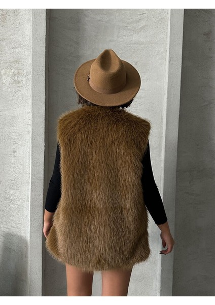 Kahve Tüylü Uzun Kürk Şık Premium Luxury Trend Özel Tasarım Kadın Yelek indirimleri