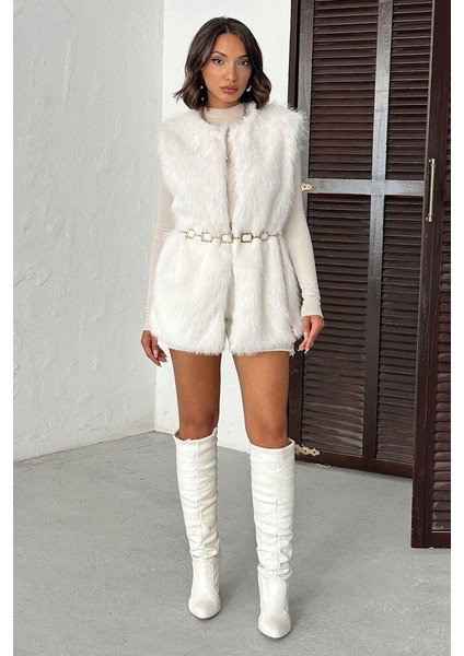 Ekru Tüylü Uzun Kürk Şık Premium Luxury Trend Özel Tasarım Kadın Yelek