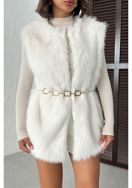 Ekru Tüylü Uzun Kürk Şık Premium Luxury Trend Özel Tasarım Kadın Yelek modelleri
