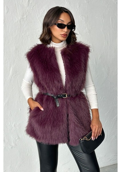 Mürdüm Tüylü Uzun Kürk Şık Premium Luxury Trend Özel Tasarım Kadın Yelek