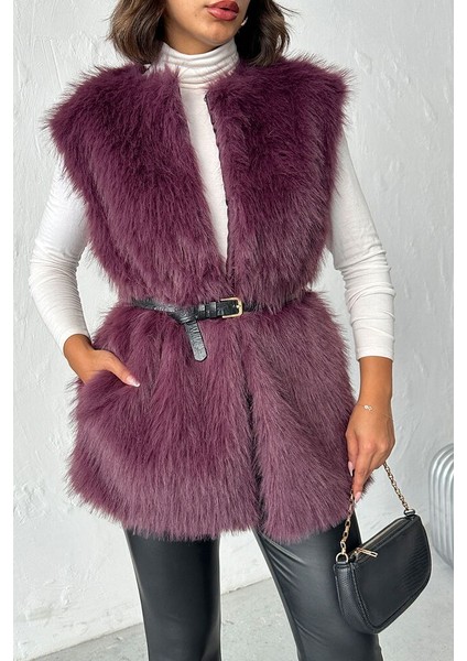 Mürdüm Tüylü Uzun Kürk Şık Premium Luxury Trend Özel Tasarım Kadın Yelek modelleri