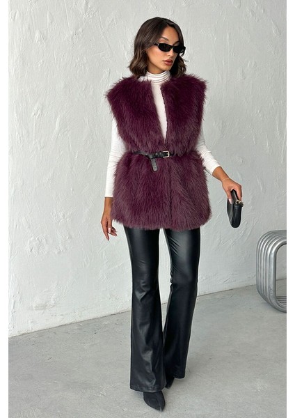 Mürdüm Tüylü Uzun Kürk Şık Premium Luxury Trend Özel Tasarım Kadın Yelek fırsatları