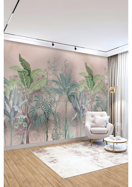 Pudra Yeşil Tropikal Orman Manzaralı Tek Parça Silinebilir Tekstil Duvar Kağıdı