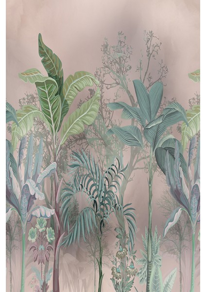 Pudra Yeşil Tropikal Orman Manzaralı Tek Parça Silinebilir Tekstil Duvar Kağıdı modelleri