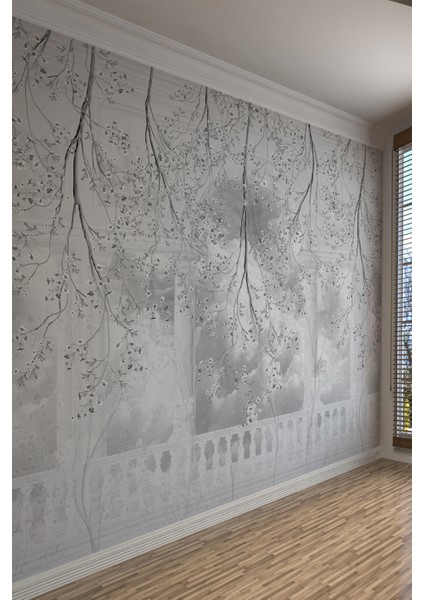 Gri Çiçek Dalları ve Balkon Desenli Tekstil Duvar Kağıdı
