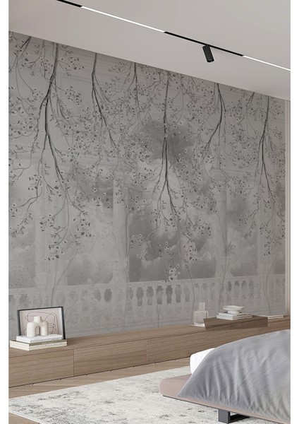 Gri Çiçek Dalları ve Balkon Desenli Tekstil Duvar Kağıdı fiyatları