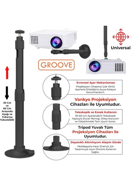 Vankyo Groove 30-60CM Alüminyum Projeksiyon Cihazı Tavan Askı Aparatı Duvar Bağlantı Aparatı Universal Projector Siyah (360° Dönebilen Tripod Yuvalı)