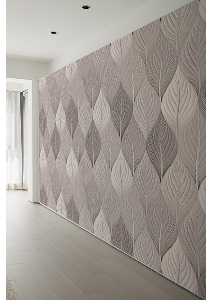 Yaprak Desenli Soft Bej Modern Doğa Dokulu Tekstil Duvar Kağıdı