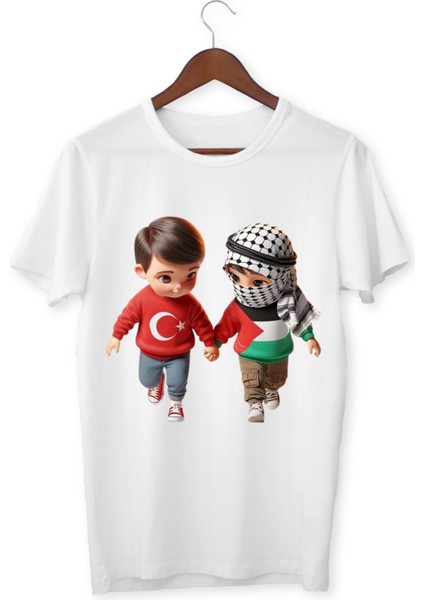 Filistin Dayanışma Tişörtü Bayrak Baskılı T-Shirt Çocuk Yetişkin Unisex Beyaz Tişört