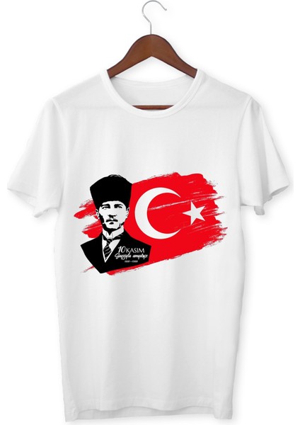 10 Kasım Atatürk Baskılı Tişört Atatürk ve Türk Bayraklı 10 Kasım T-Shirt