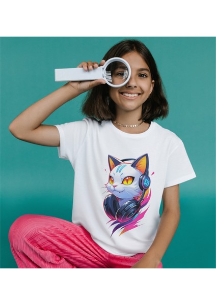 Kedi Baskılı Tişört Yetişkin Beyaz T-Shirt Cat Unisex Çocuk Tişört