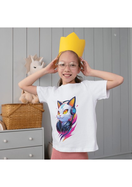 Kedi Baskılı Tişört Yetişkin Beyaz T-Shirt Cat Unisex Çocuk Tişört fiyatları