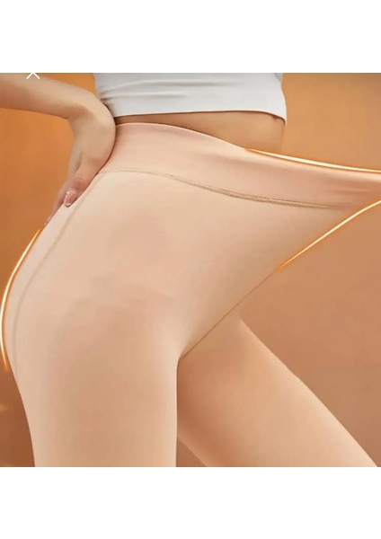 Peluş Ten Görünümlü Külotlu Çorap Polar Siyah-Ten