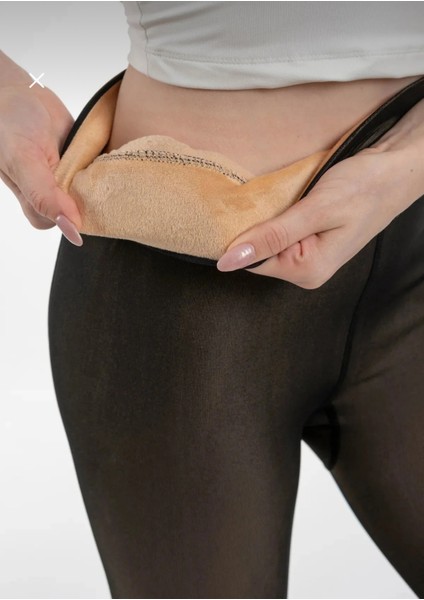 Peluş Ten Görünümlü Külotlu Çorap Polar Siyah-Ten