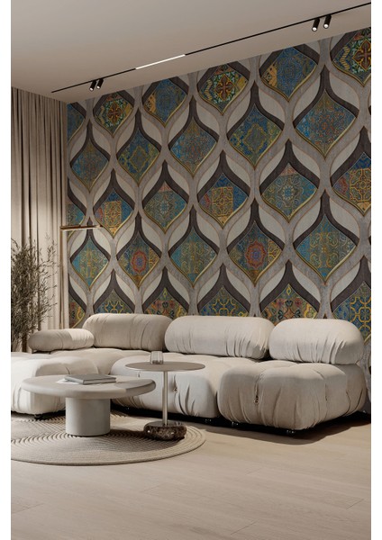 Osmanlı Motifli Mozaik Desenli Retro ve Etnik Tasarım Tekstil Duvar Kağıdı