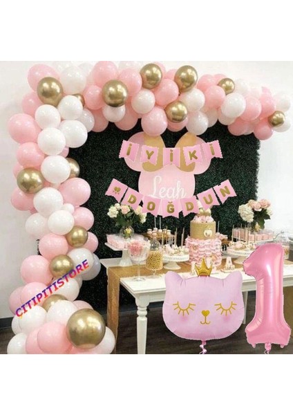 Çıtıpıtıstore Pembe 1 Yaş Kedili Doğum Günü Balon Zincir Set