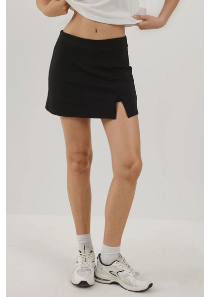 Kadın Lastikli Bel Dokulu Mini Etek Busem Collection Siyah