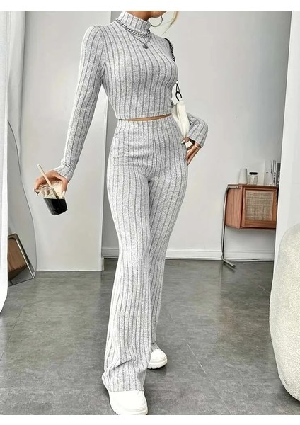 Kadın Uzun Kollu Balıkçı Yaka Kaşkorse Takım – Crop Top + Pantolon | Gri, Rahat & Günlük Şıklık