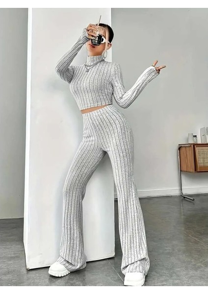 Kadın Uzun Kollu Balıkçı Yaka Kaşkorse Takım – Crop Top + Pantolon | Gri, Rahat & Günlük Şıklık fiyatları
