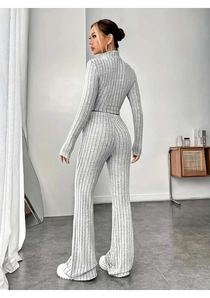 Kadın Uzun Kollu Balıkçı Yaka Kaşkorse Takım – Crop Top + Pantolon | Gri, Rahat & Günlük Şıklık modelleri