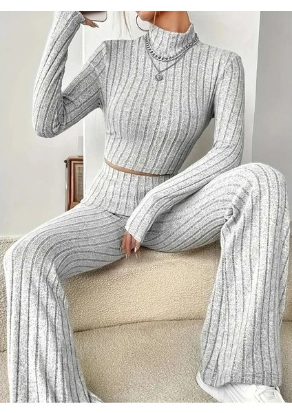 Kadın Uzun Kollu Balıkçı Yaka Kaşkorse Takım – Crop Top + Pantolon | Gri, Rahat & Günlük Şıklık indirimleri