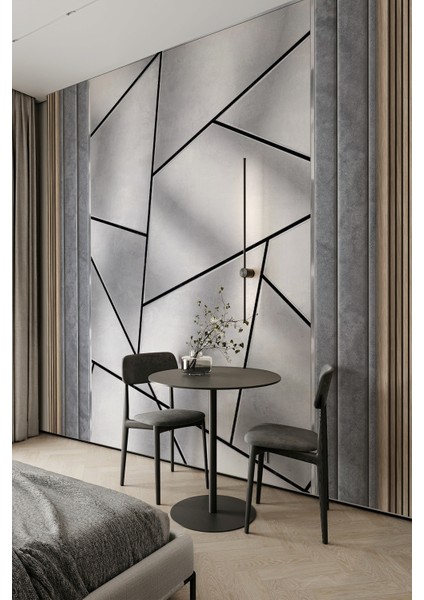 Gri Geçişli Desen Geometrik Çizgili Tek Parça Tekstil Duvar Kağıdı