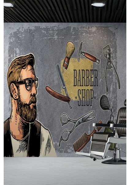 Retro Illüstrasyon Barber Shop Tekstil Duvar Kağıdı