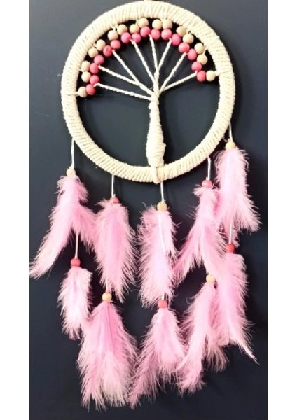 Pembe Kuş Tüylü Hayat Ağacı Düş Kapanı Dream Catcher Duvar Süsü