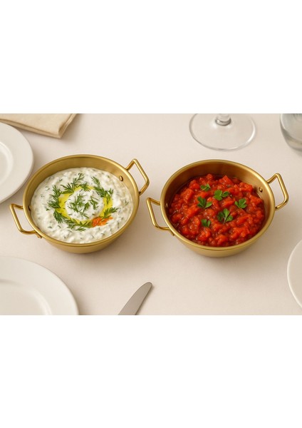 2'li Gold Paslanmaz Çelik Yuvarlak Sunum Tavası – Kulplu Servis Kabı Sosluk 17 cm